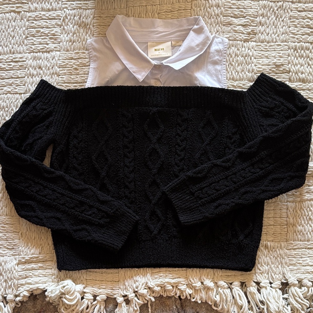 Maeve by Anthropologie Black Off-Shoulder Sweater w Attached Collared Top